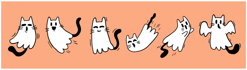 Cute cat ghosts vector illustration for Halloween, set of scary cartoon characters
