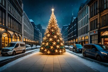 street at night,Holidays background with illuminated Christmas tree, gifts and decoration.