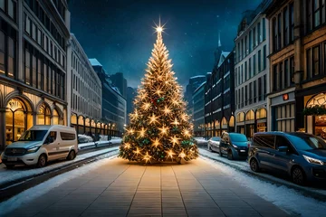  street at night,Holidays background with illuminated Christmas tree, gifts and decoration. © Benish