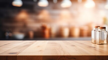 Empty wooden tabletop, bokeh view of modern kitchen interior. Product and food display, copy space images