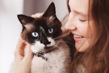 Close up of lovely young woman kissing cat at home