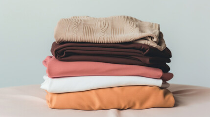 A neatly stacked pile of folded dark coloured clothes