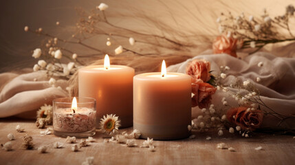 Obraz na płótnie Canvas Candles and pink rose petals. A romantic background