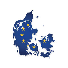 Vector illustration with isolated map of member of European Union - Denmark. Concept with EU flag and yellow stars on blue background. Modern design