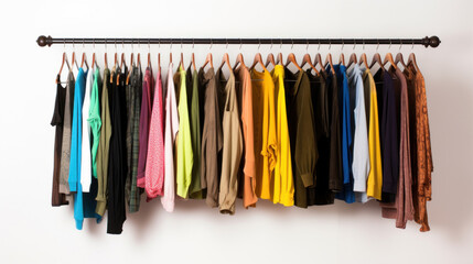 Clothes on hang rail on white background.