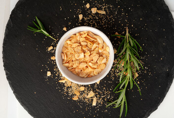 Dry Garlic Slices, Crispy Fried Cloves Pile Closeup, Roasted Grilled Garlic Flakes, Clove Chip Group