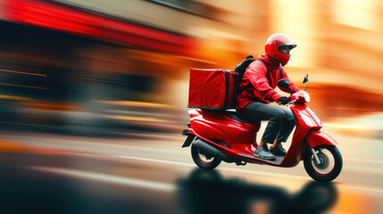 Delivery man on a scooter speeding through the city