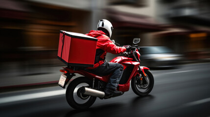 Delivery man on a scooter speeding through the city - obrazy, fototapety, plakaty