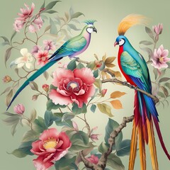 chinoiserie bright colour seamless pattern with bird and flower