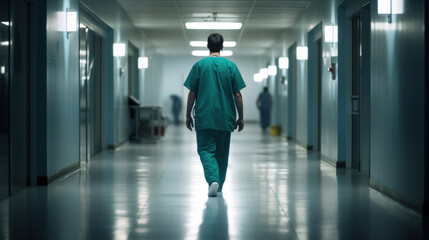 Back view of a doctor in a hospital corridor