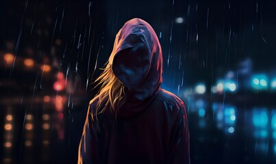 woman in hoodie overlooking city night art, ai generative