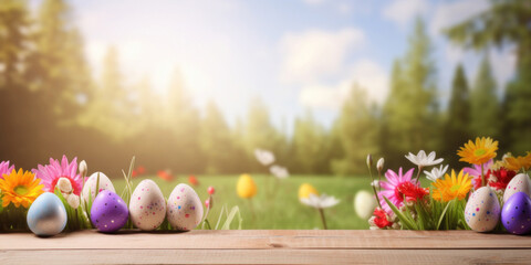 Wooden table with easter eggs and blurred spring meadow background