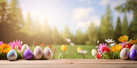 Deurstickers Wooden table with easter eggs and blurred spring meadow background © red_orange_stock