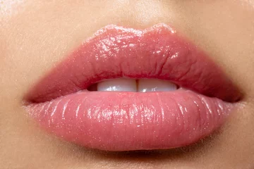 Fotobehang Plump woman's lips with natural makeup and white teeth. © deniskomarov
