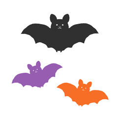 手書きのハロウィンカラーのかわいいコウモリ - シンプルな3匹のこうもりのイラスト素材