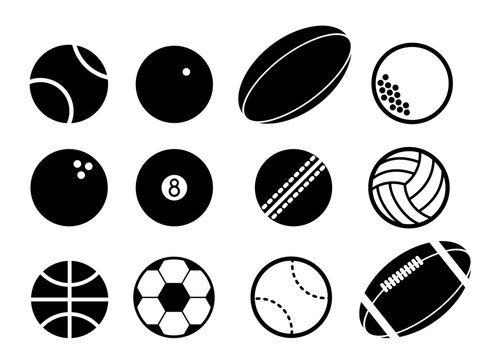 Vector icon sheet of sports balls in black and white