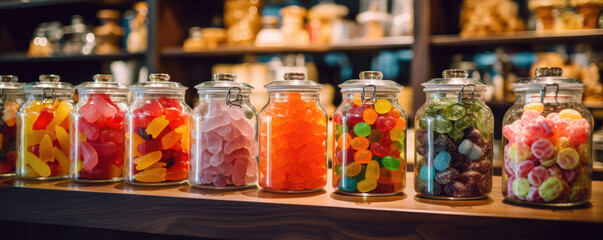 Jars filled with assorted multicolored candies. - Powered by Adobe