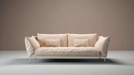  a white couch with four pillows on it and a brown wall behind it.  generative ai