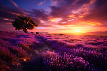 Landscape of a blooming lavender field