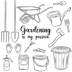 set of garden tools in outline style on white background