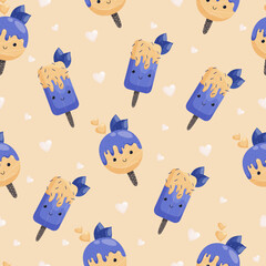 Cute ice cream character seamless pattern. Use for fabric, gift wrap, packaging. Vector illustration in flat cartoon style.