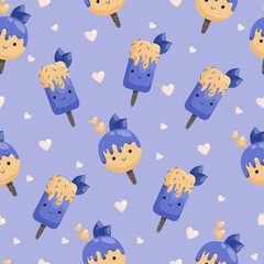 Cute ice cream character seamless pattern. Use for fabric, gift wrap, packaging. Vector illustration in flat cartoon style.