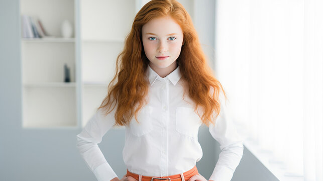 Portrait of the outstanding student succeeds in her studies and stands in the classroom confident in herself