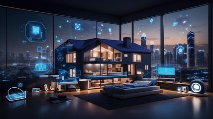 an smart house full of technology inside a penthouse with a view of city and a giant bed - obrazy, fototapety, plakaty