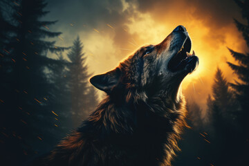Wolf howls at the moon in the forest