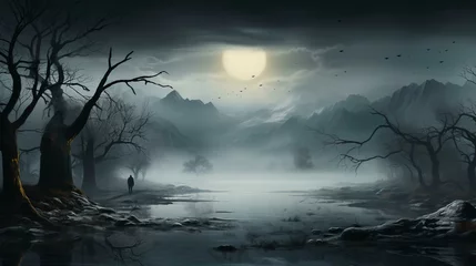 Foto op Plexiglas Creepy dark night swamp in the fog in the forest © Aliaksandra