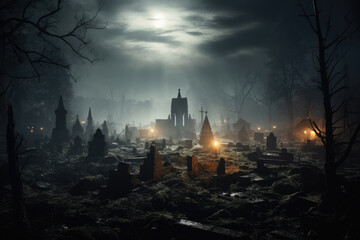 Creepy old cemetery at night with burning lights in the fog - obrazy, fototapety, plakaty