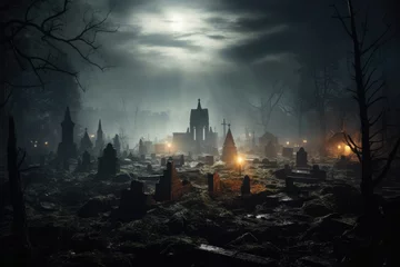 Foto op Plexiglas Creepy old cemetery at night with burning lights in the fog © Michael