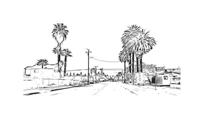 Building view with landmark of  San Bernardino is the city in California. Hand drawn sketch illustration in vector.