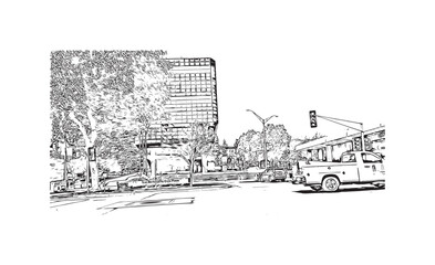 Building view with landmark of  San Bernardino is the city in California. Hand drawn sketch illustration in vector.