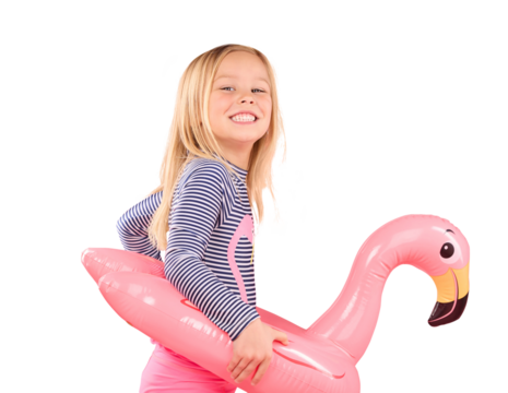 Girl child, portrait with inflatable and swimsuit, summer fun with smile isolated on transparent png background. Holiday, bathing suit and swimming with protection, flamingo pool float and youth