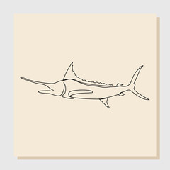 Continuous single one line drawing of big swimming swordfish marlin fish. Line concept of under water life. Vector illustration