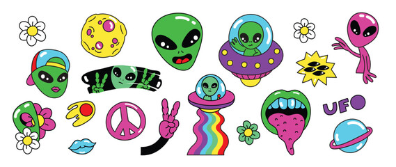Set of 70s groovy element vector. Collection of cartoon character, doodle smile face, UFO, UAP, alien, spaceship, flower, rainbow. Cute retro groovy hippie design for decorative, sticker, kids.