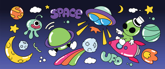Set of 70s groovy element vector. Collection of cartoon characters, doodle smile face, UFO, UAP, rocket, alien, galaxy, spaceship, moon. Cute retro groovy hippie design for decorative, sticker, kids.