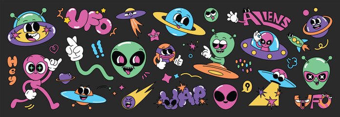 Set of 70s groovy element vector. Collection of cartoon character, doodle smile face, UFO, UAP, alien, spaceship, rocket, saturn. Cute retro groovy hippie design for decorative, sticker, kids.