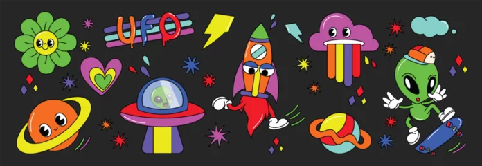 Tapeten Set of 70s groovy element vector. Collection of cartoon character, doodle smile face, UFO, UAP, alien, spaceship, rocket, saturn. Cute retro groovy hippie design for decorative, sticker, kids. © TWINS DESIGN STUDIO