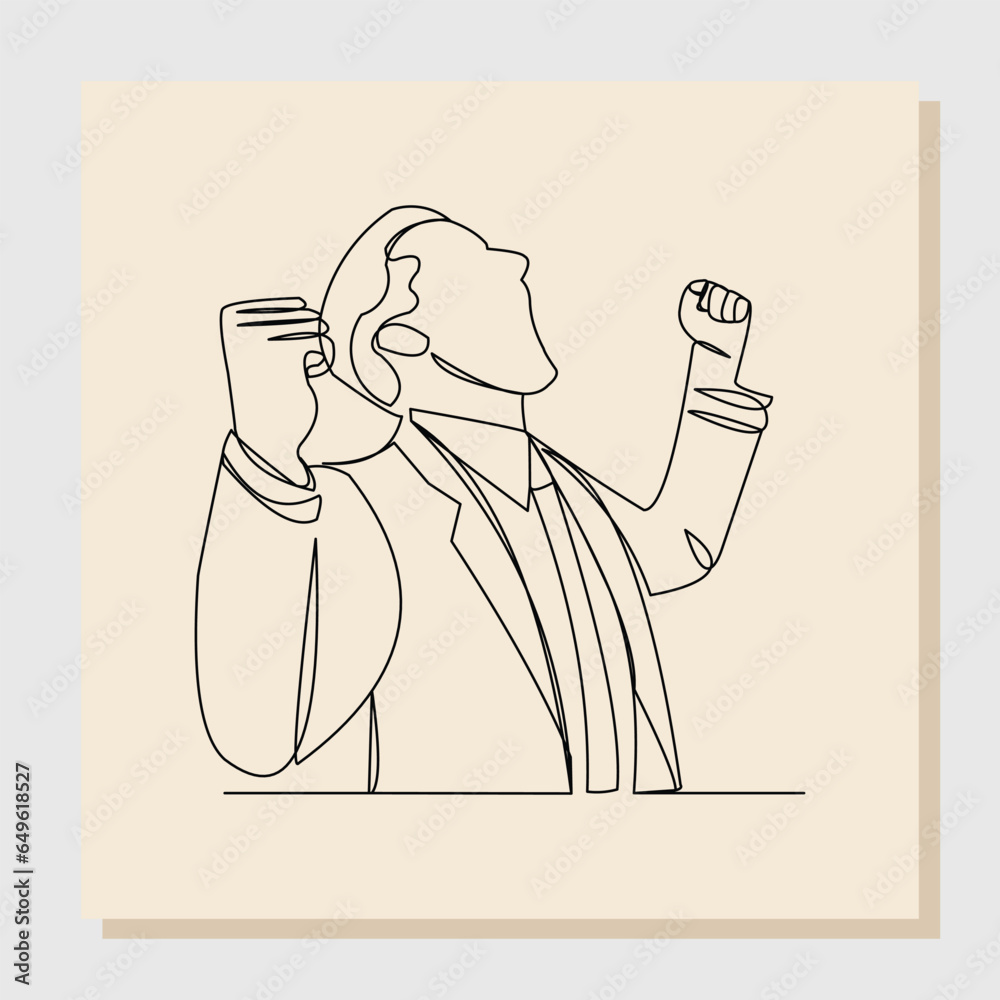 Wall mural Continuous single one line drawing of cheering businessman holding fists. One line art concept of business success. Vector illustration.