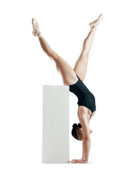 Woman, ballet and balance or dance training on block for performance and theater handstand....