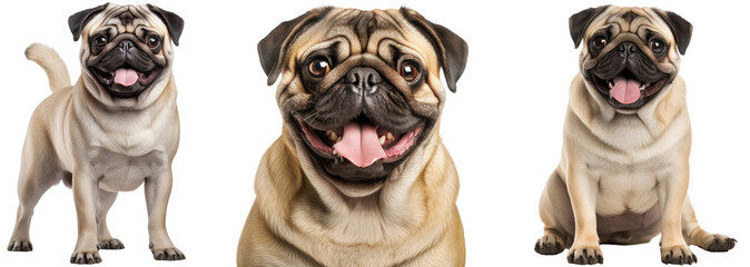 Pug dog collection (portrait, sitting, standing), animal bundle isolated on a white background as transparent PNG - obrazy, fototapety, plakaty