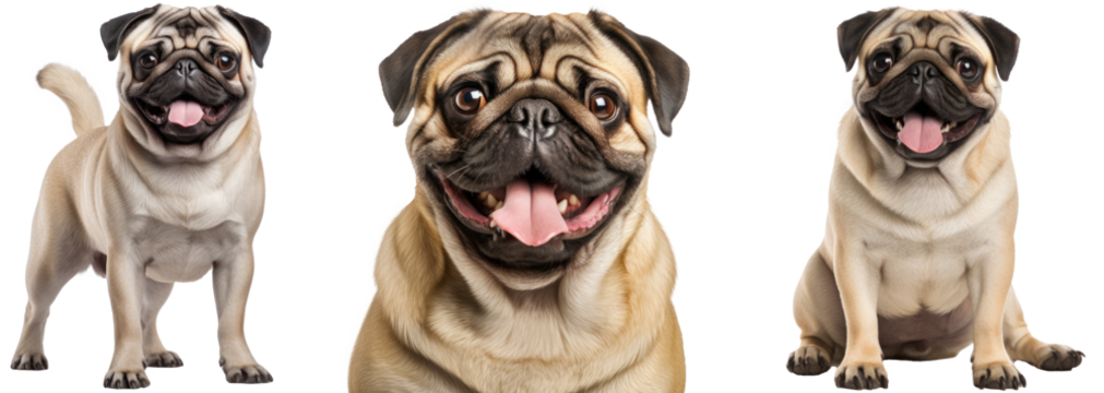Pug dog collection (portrait, sitting, standing), animal bundle isolated on a white background as transparent PNG