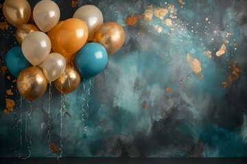 Froher Geburtstag - Bunte Luftballons im blauen Himmel - obrazy, fototapety, plakaty