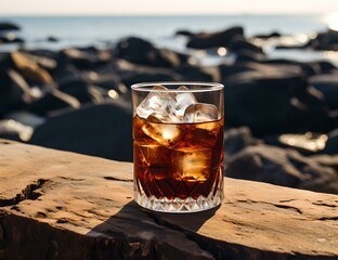 Entspannung pur: Whiskey on the Rocks in einem Glas - obrazy, fototapety, plakaty