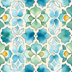 Tapeten Watercolor blue Arabic seamless tiles. Lisbon pattern, tile collection. Portuguese ornamental background © Берилло Евгения