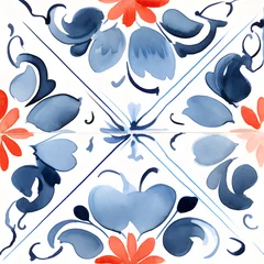 Tapeten Watercolor blue and red Chinese seamless tiles. Chinese pattern, tile collection. Asian ornamental background © Берилло Евгения