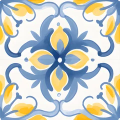 Foto auf Acrylglas Watercolor yellow and blue Spanish seamless tiles. Lisbon pattern, tile collection. Portuguese ornamental background © Берилло Евгения