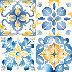 Watercolor yellow and blue Spanish seamless tiles. Lisbon pattern, tile collection. Portuguese ornamental background